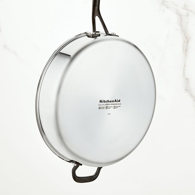 KitchenAid 5-Ply Clad Stainless Steel Stainless Steel Induction Saute Pan with Lid, 5 Quart - Polished Stainless Steel