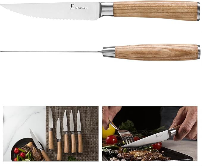 Natura Series 4.5” Serrated Steak Knife Set of 6, High Carbon Stainless Steel, Wooden Handle