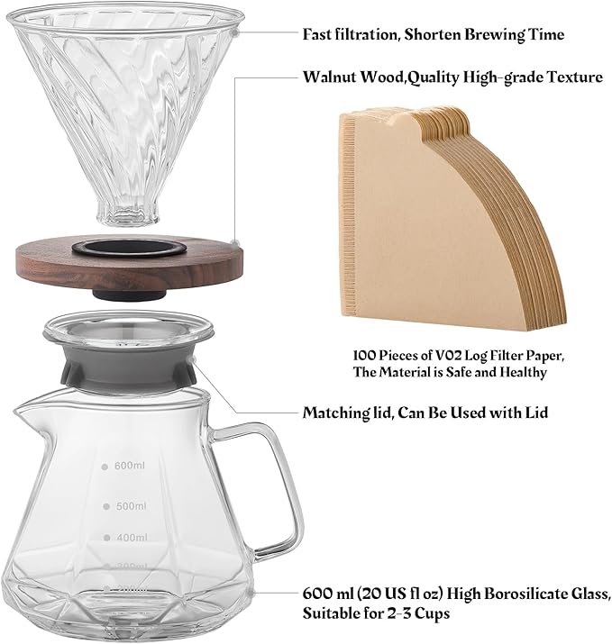 Pour Over Coffee Maker Set – V60 Drip Coffee Pot with Walnut Handle, Glass Coffee Dripper & 100 Filters, 20oz/600ml Capacity