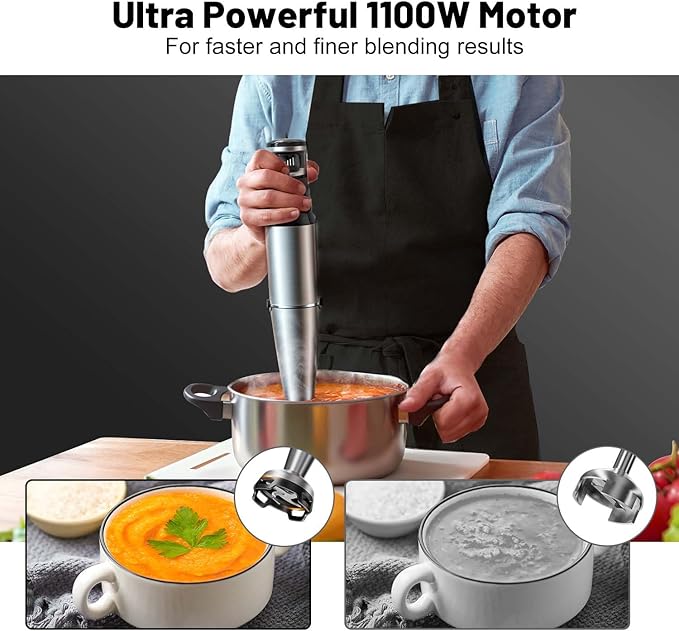 Immersion Blender handheld Powerful 1000W 5 in 1 Hand Blender Corded Hand Mixer Heavy-Duty Stainless Steel Blades Handheld Blender with Milk Frother, Egg Whisk, 600ml Beaker, 500ml Chopper