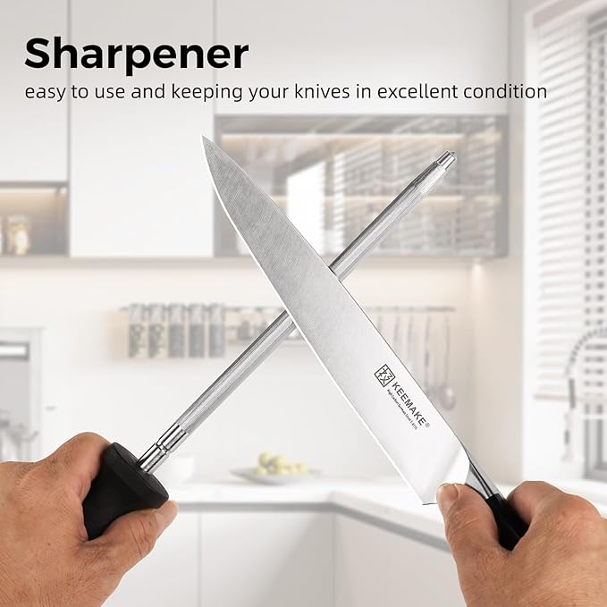 KEEMAKE Knife Block Set, 15Pcs High Carbon Stainless Steel Kitchen Knife Set with Block, Ultra Sharp Knives Set for Kitchen with Knife Sharpener Kitchen Scissors, Forged Chef Knife Set