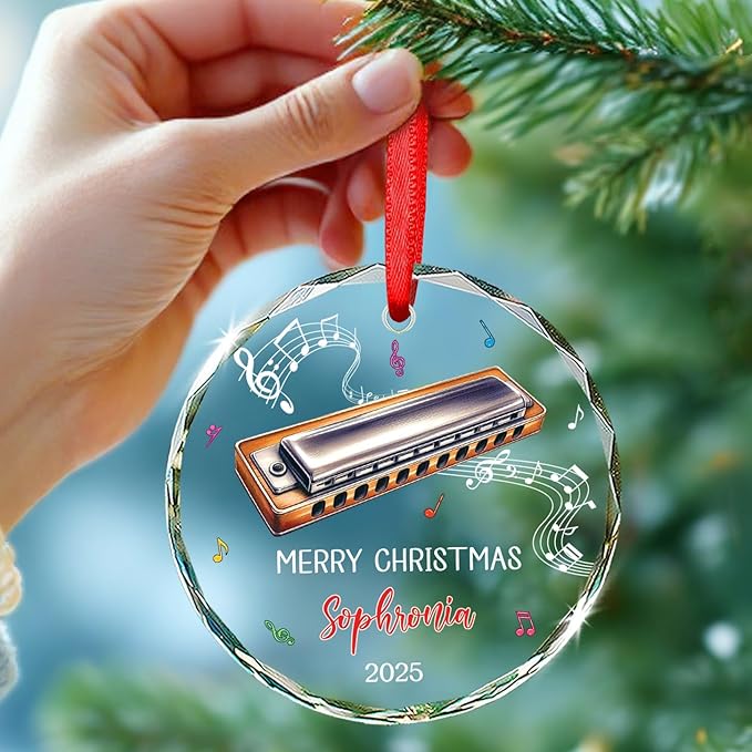 Harmonica Musical Instrument Glass Ornament Xmas 2025, Personalized Text & Name Instrument Christmas Ornament Gifts for Harmonica Player, Musician Xmas Keepsake, Custom Harmonicist Glass Ornaments