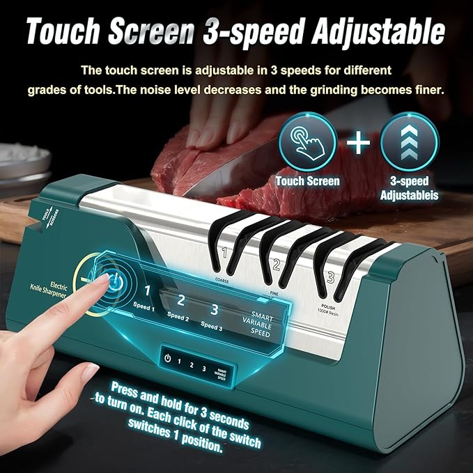 Professional Electric Knife Sharpener with 100% Diamond Abrasives & Precision Angle Guides, 3-Speed Variable 4-Stage Open Touch-Screen LCD Knife Sharpener for Straight, Serrated Edges, Scissors & Axes