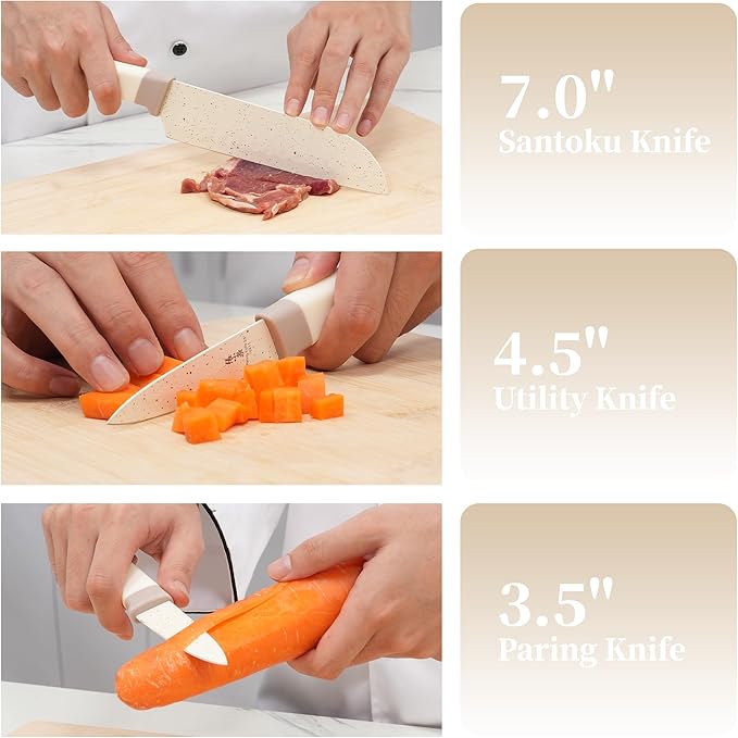 ZHANG XIAO QUAN SINCE 1628 15Pcs Knife Set with Block, High Carbon Stainless Steel Kitchen Knife Set with Ceramic-Coated Blade, Sharp and Durable, Hundreds of Years of Masterful(Cream)