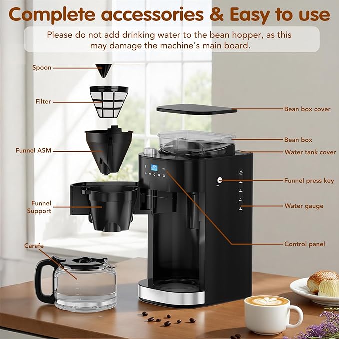Joy Pebble 10-Cup Drip Coffee Maker with Built-In Grind, Grind & Brew, Touch-Screen Control, 1.5L Large Water Tank & Keep Warm Plate