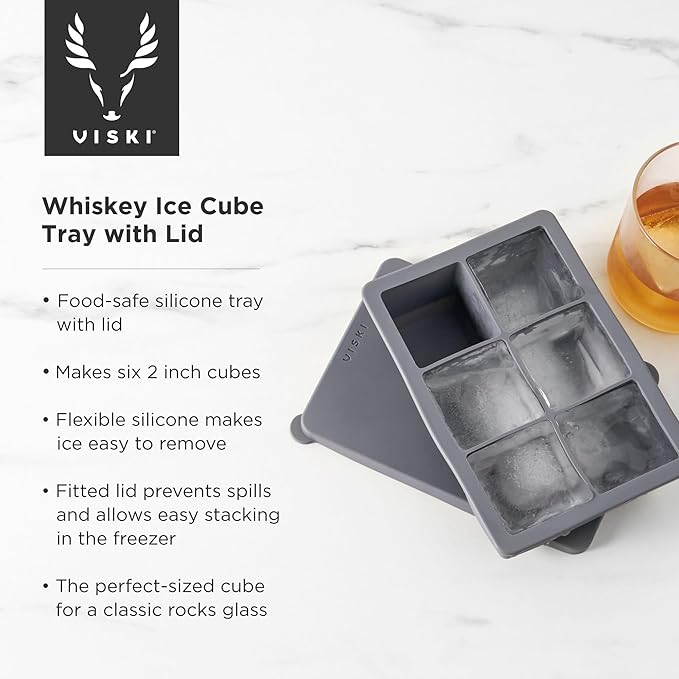 Viski Whiskey Ice Cube Tray with Lid, Large Makes Six 2-Inch Ice Molds, Perfect for Cocktails, Whiskey, Bourbon, and More, Stackable Silicone Molds for Home Bar and Parties, Set of 1, Grey