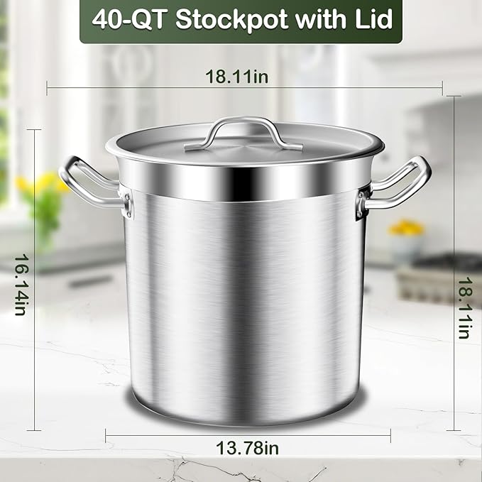 Stainless Steel Stockpot – 40QT Stock Pot with Lid, Heavy-Duty Tri-Ply Bottom Cooking Pot for Canning, Boiling Beer Brewing, Soup, Seafood Boil – Satin Finish Stainless Steel Soup Pot