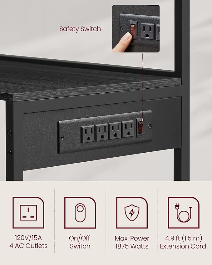 VASAGLE Bakers Rack with Power Outlet, 35.4 Inches Microwave Stand, Coffee Bar, 4 AC Outlets, with Adjustable Shelves, 8 S-Hooks, Basket, Spice Racks, Charcoal Gray and Ink Black UKKS031B22