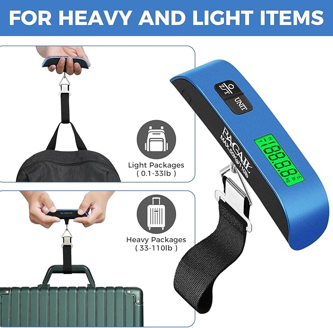 BAGAIL Digital Luggage Scale, 110lbs Hanging Baggage Scale with Backlit LCD Display, Portable Suitcase Weighing Scale, Travel Luggage Weight Scale with Hook, Strong Straps for Travelers