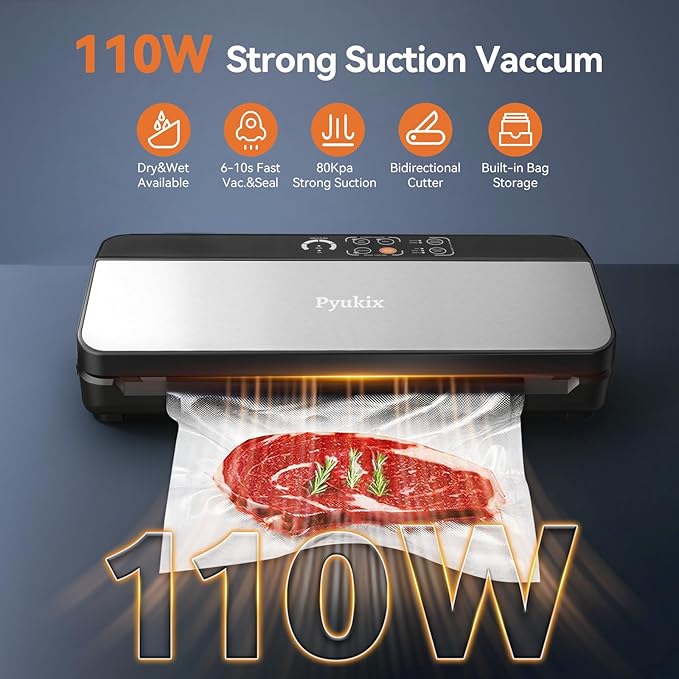 Vacuum Sealer Machine, Food Sealer Vaccum Sealers for Food 80KPA Automatic 8-IN-1 Sealing Dry/Moist Mode with Build-in Cutter&Storage, Digital Countdown, Air Suction Hose, 2 Roll-Bags, 11 Vacuum Bags