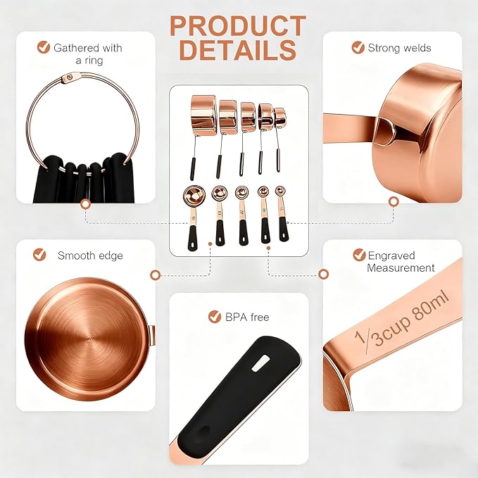 Measuring Cups and Spoons Set, Rose Gold Plated Stainless Steel 10 Piece for Cooking and Baking (5 Cups + 5 Spoons)