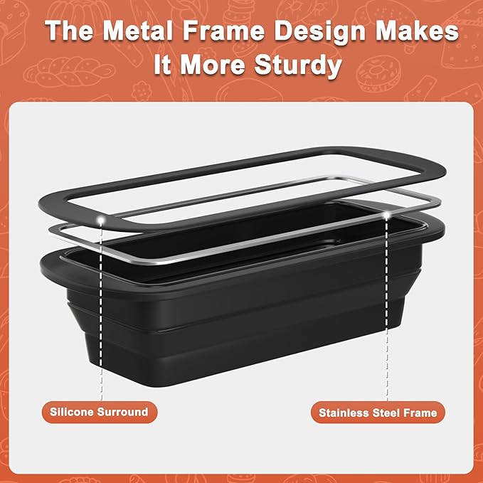 2 Packs of Collapsible Silicone Bread Loaf Pan with Metal Reinforced Rim Support - Nonstick Silicone Baking Mold for Homemade Loaf, Bread and Meatloaf - (9"x4"x2.5", Black, 2 Pieces)