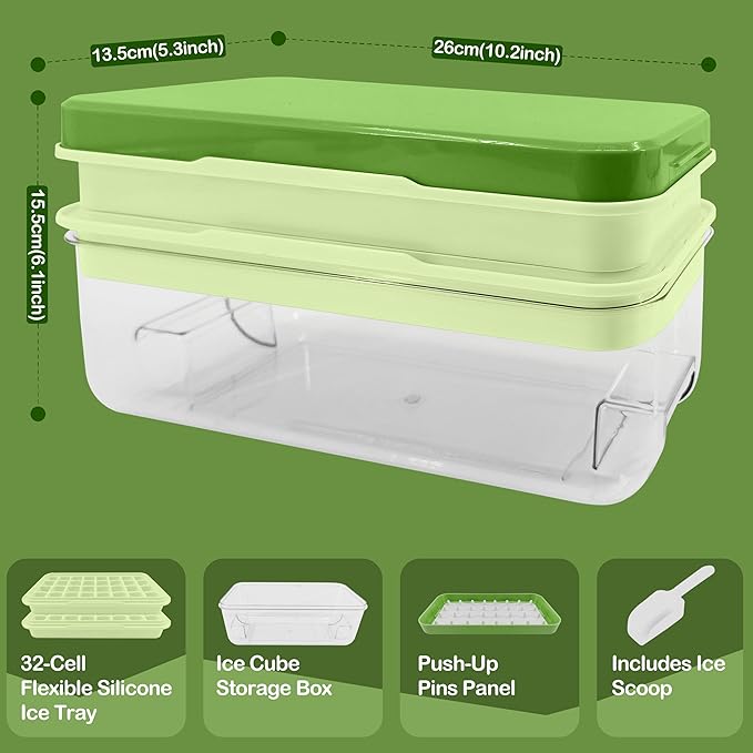 Satax Silicone & Plastic Ice Cube Trays with Lids and Bin - Durable, BPA-Free, Easy Release, Perfect for Cocktails, Coffee & More (2, green)
