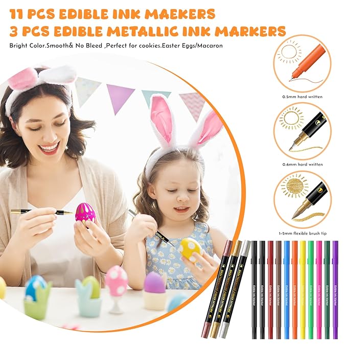 Jewem Edible Markers for Cookie Decorating,14 Pcs Ultra Fine Tip(0.5mm) Food Coloring Pens, Upgrade Double Side Food Grade Pens for Decorating Fondant Cakes, Easter Eggs, Frosting, Macaron,Halloween and Christmas Gifts