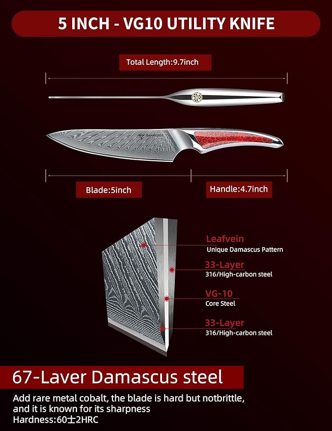 5 inch Utility Knife, Japanese VG-10 Damascus Steel Kitchen Knife, Ultra Sharp Fruit Knife with Full-tang Handle in Red Resin, LA-S9 Series