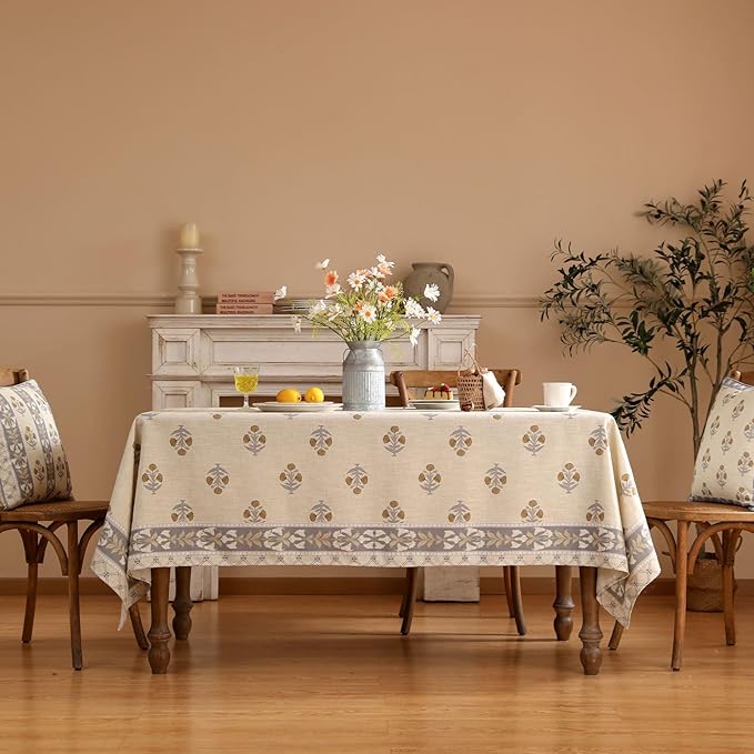 patdrea Designer Beige Tablecloth for Rectangle Table,Elegant Linen Floral Pattern French Table Cloth,Decor Cover Cloth for Kitchen Dining Christmas,Thanksgiving,Party,63"x87"-Istana a