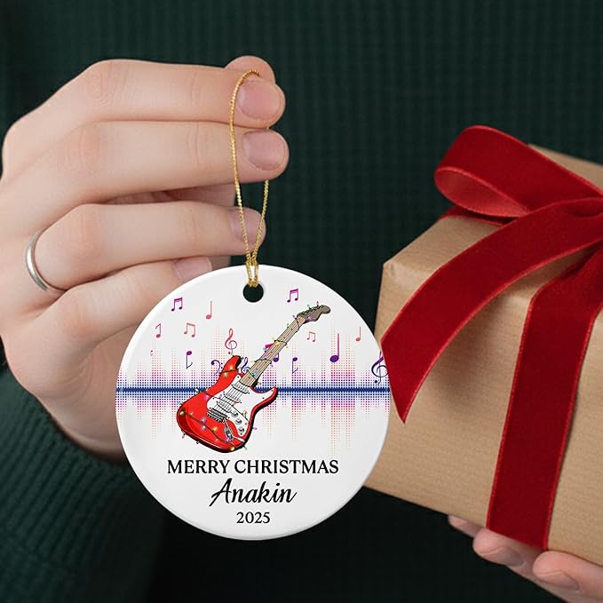 Customized Year Text Name Guitar Bass Player Ornament Gift for Daughter Son Husband Wife Dad Mom, Personalized Guitar Bass Instrument Christmas Ornament 2025, Guitarist Appreciation Ceramic Ornaments