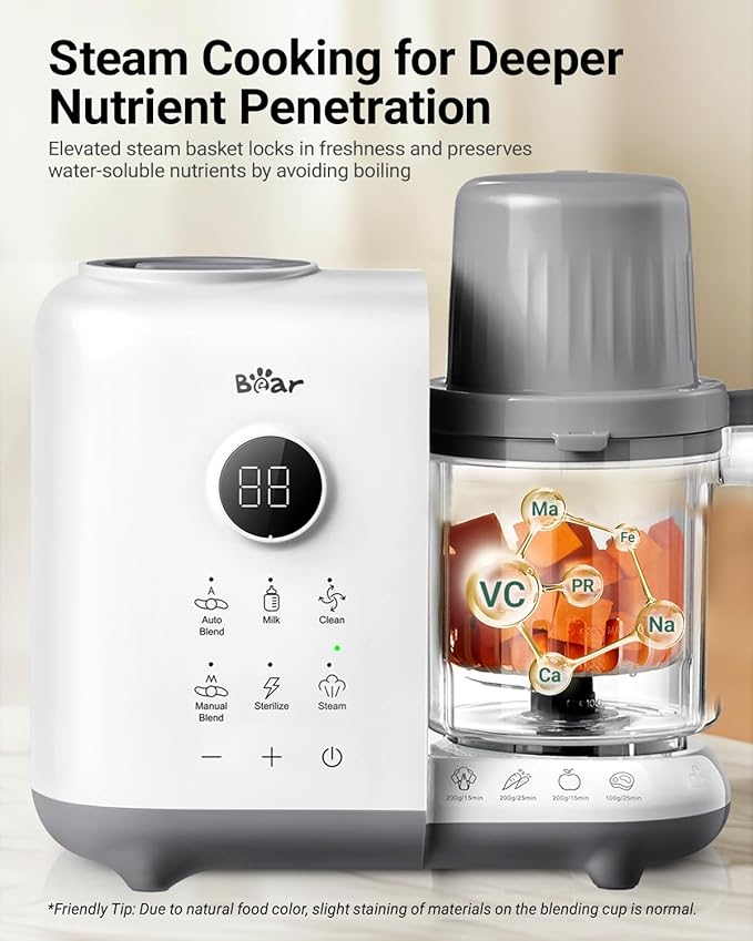 Bear Baby Food Maker with Two Layer Steam Baskets, One Step Baby Food Processor Steamer Puree Blender, Baby Food Mill with Bottle Warming Sterili-zing Auto Cleaning Function, BPA-Free, White