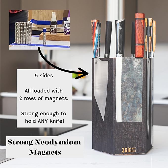360KnifeBlock® MAX (walnut) ROTATING Magnetic Knife Block - MAX 12" tall with an array of top slots SeriousEats/Food&Wine/ATK BEST Universal Knife Block - handmade in Washington