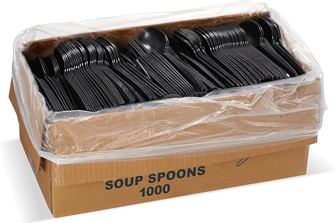 1,000 Plastic Disposable Soup Spoons Bulk Black Medium Weight Disposable Silverware Plastic Cutlery Spoons