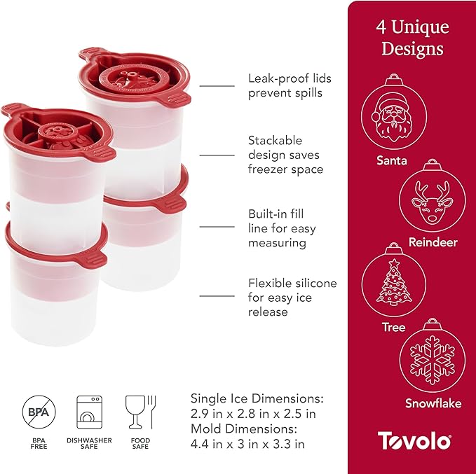 Tovolo Holiday Ice Molds for Cocktails Set of 4 Snowflake Ice Mold Christmas Tree Ice Mold Santa Reindeer Christmas Gifts for Men, Complete Set of Stackable Silicone Ornament Ice Molds for Cocktails
