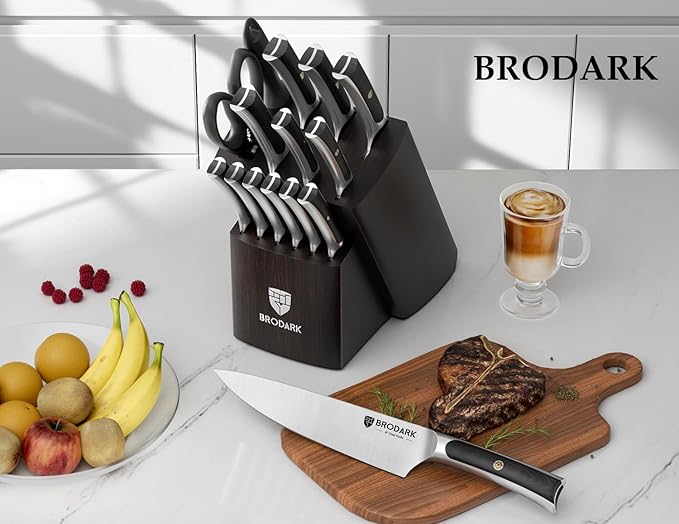 BRODARK Kitchen Knife Set with Block and Sharpener,15 PCS High Carbon Stainless Steel Knife Block Set, Ergonomic Pakkawood Handle for Christmas Kitchen Cooking