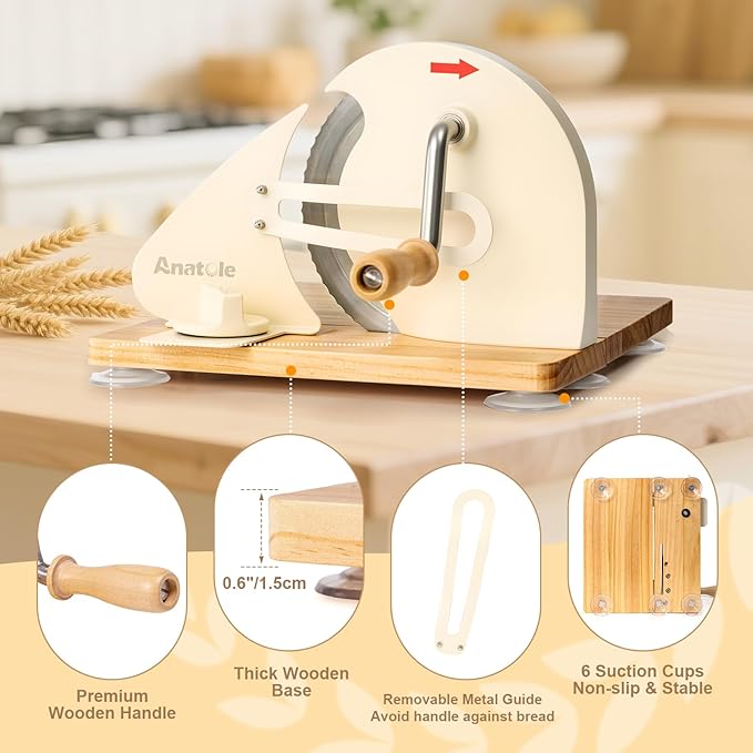 Anatole Foldable Manual Bread Slicer for Homemade Sourdough Bread with Engraved Scale Line Bread Guide Hand Crank Bread Cutter with Adjustable Thickness Stainless Steel Blade 6 Suction Cups