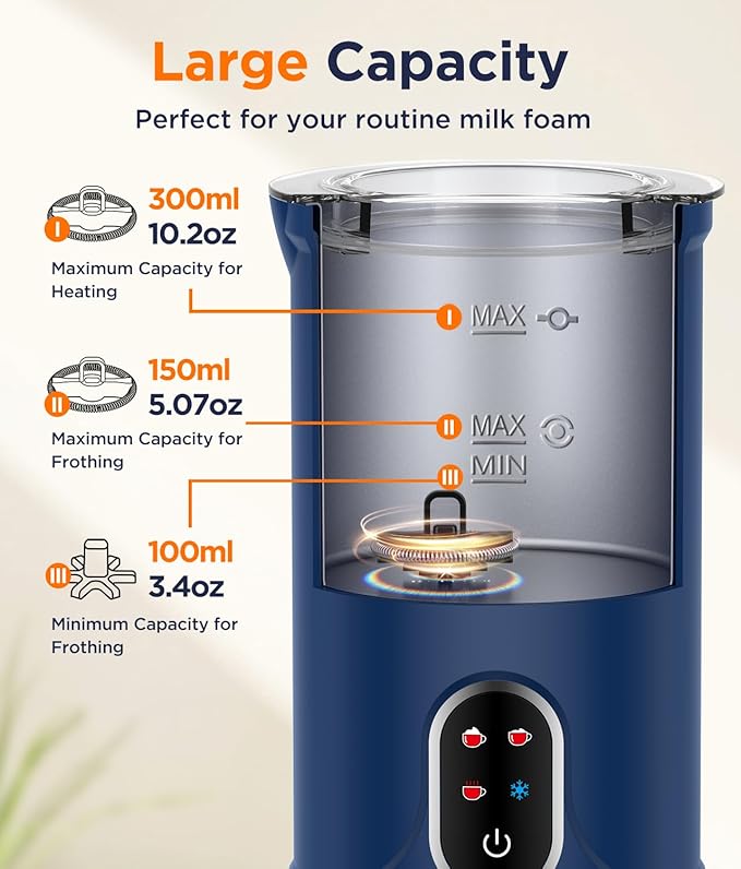 Spacekey Milk Frother, 4-in-1 Electric Frother for Coffee, 10.1oz/300ml Automatic Warm and Cold Foam Maker with Mute Mode, Temperature Control Milk Steamer for Latte, Easy to Clean