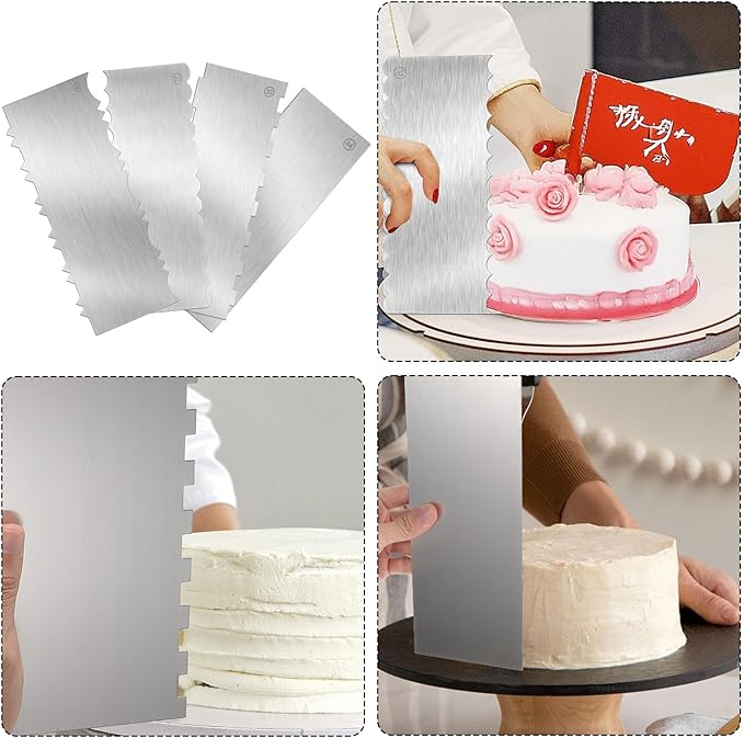 4 Pcs Stainless Steel Cake Scraper 10 Inch Metal Scraper for Cake Smoother Cake Decorating Comb Contour Double Sided Patterned Edge Stripe Tool Cake Cutter for Mousse Cream Pastry Baking