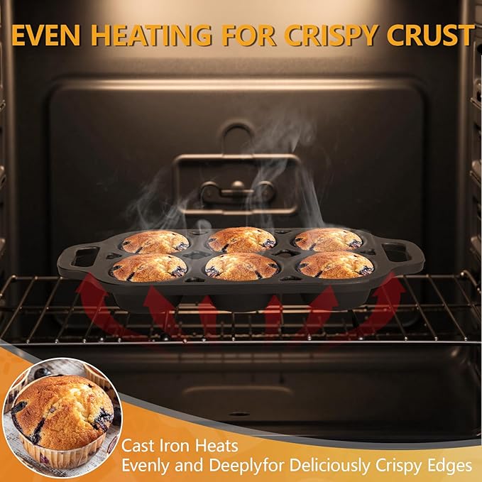 Pre-Seasoned Cast Iron Muffin Pan - 6-Cup Nonstick Cupcake Pan, 2 Piece Set