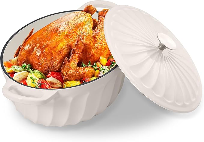 Enameled Oval Dutch Oven Pot with Lid, 7 QT Cast Iron Dutch Oven with Dual Handles for Cooking, Bread Baking, Frying, Non-stick Enamel Coated Oven (White)