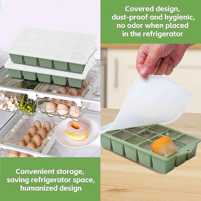 FANYITY Silicone Ice Cube Trays 2-Pack with Locks lids,Easy Release Ice Molds for Freezer,Perfect for Cocktails, Whiskey, Coffee