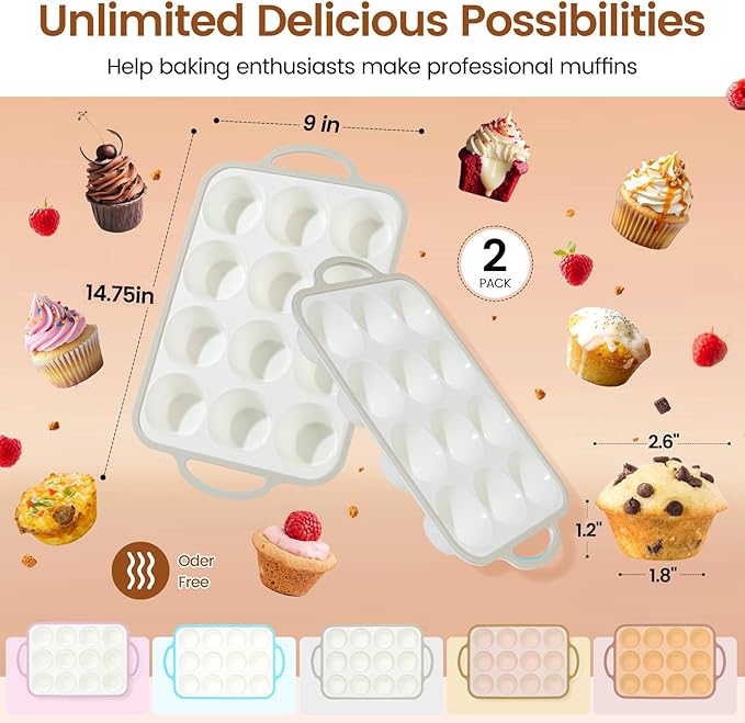 Silicone Muffin Pans for Baking 2 Pack, 2.6 Inch with Metal Reinforced Frame, Regular Size Nonstick Cupcake Pan 12 Cups for Baking Homemade Muffins, Dishwasher Safe BPA Free-Grey