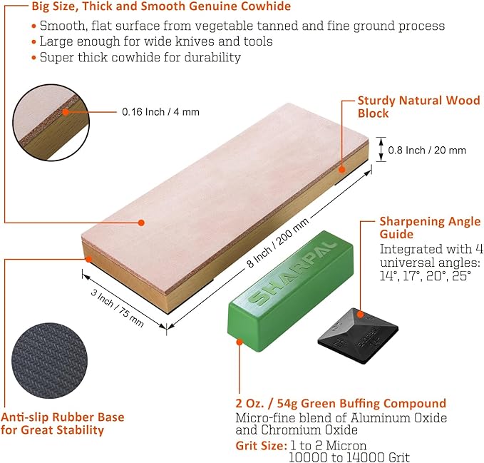 SHARPAL 204N Leather Strop (Genuine Cowhide) 8" x 3" Kit with 2 Oz. Polishing Compound & Angle Guide, Knife Stropping Block for Sharpening & Honing Knives, Straight Razor, Woodcarving Chisels