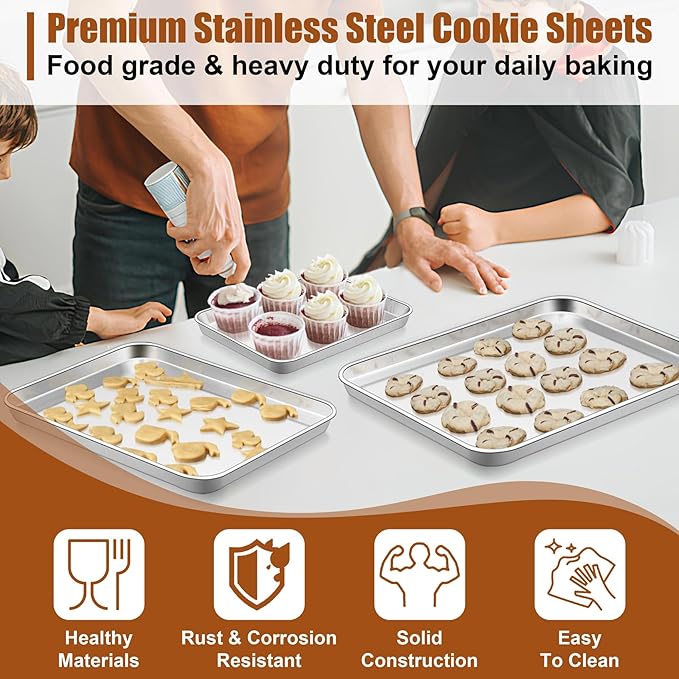 TeamFar Baking Sheet Set of 3, 17.6/16/ 12.5 Inch Stainless Steel Cookie Sheets Baking Pans, Metal Oven Baking Tray for Cooking Roasting Serving, Non-Toxic & Mirror Finish & Dishwasher Safe