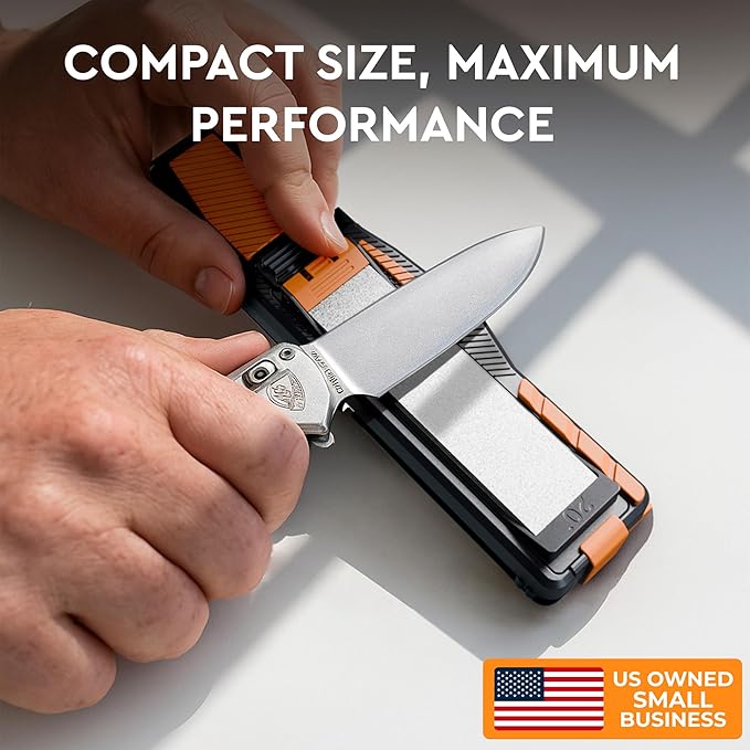 8-in-1 Pocket Knife Sharpener – Guided Diamond Whetstones, Diamond Rod, Leather Strop, 2 Sharpening Slots, Fire-Starter Ferro Rod & Whistle – Outdoor, Yard, Camping by Orange Ninja