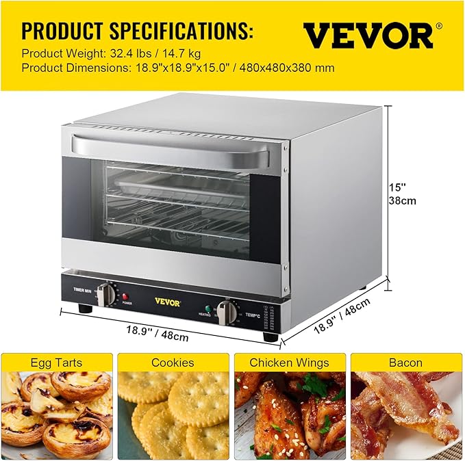 VEVOR Commercial Convection Oven, 21L/19Qt, Quarter-Size Conventional Oven Countertop, 1440W 3-Tier Toaster w/Front Glass Door, Electric Baking Oven w/Trays Wire Racks Clip Gloves, 120V