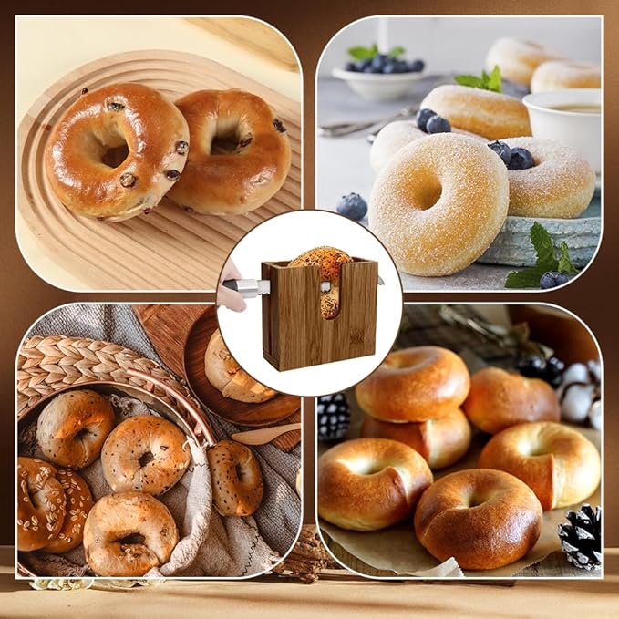 CUTHOLLOW Premium Acacia Adjustable Wood Bagel Slicer Holder for Slicing, Handcrafted Durable Wooden Bagel Cutter Slicer with Removable Insert for Breakfast Kitchen Restaurant Bagel Bar English Muffin