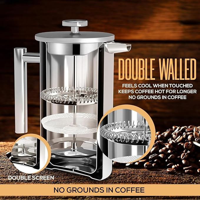 French Press Coffee Maker,Stainless Steel Double Wall Insulated Coffee Press 34 oz,4-8 Cups, Portable Hot Cold Brew Teapot Cafetera for Coffee Bar Accessories Kitchen Camping (silver,34oz)