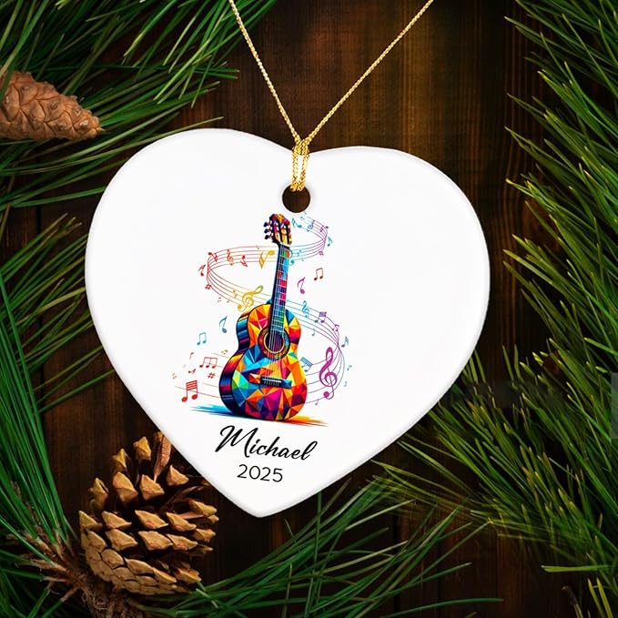 Personalized Guitar Instrument Ceramic Ornament Gifts for Guitarist, Guitar Player Christmas Ornaments Tree Hanging, Custom Name & Year Guitarist Ornaments Xmas 2025, Music Lovers Ceramic Ornament