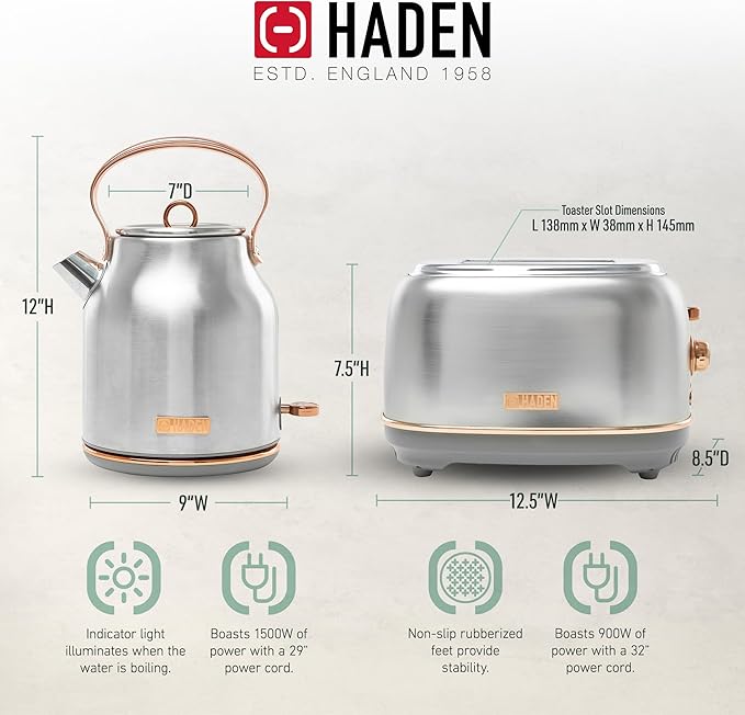 Haden Heritage 4 Slice Wide Slot Stainless Steel Toaster Bundled with 1.7 Liter Stainless Steel Electric Water Kettle, Steel & Copper