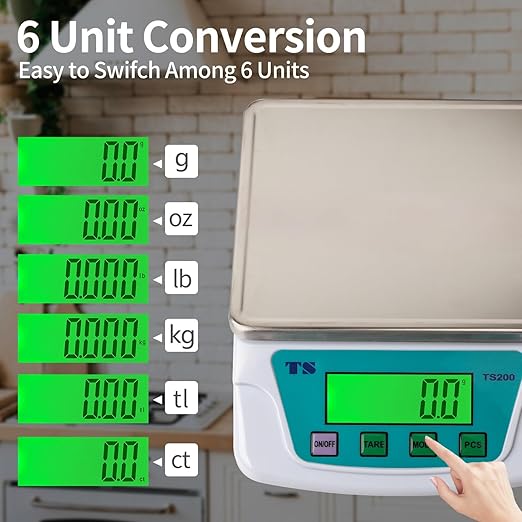 Digital Kitchen Scale 22lb/10kg,Food Scales for Kitchen 6 Units Accurate 0.007zo/0.2g with Stainless Steel Platform LCD Display Tare Pcs Small Weighing Scale for Cooking with Batteries