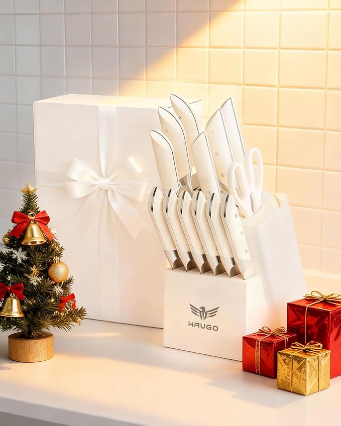 Knife Set - Haugo 14 PCS German Stainless Steel Kitchen Knife Sets with Block and Sharpener - Full Tang Knife Block Set and Ergonomic Handle - Elegant White- Obsidian Series