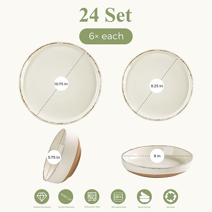 AmorArc Ceramic Dinnerware Sets with Pasta Bowls for 6, Handpainted Plates and Bowls Set with Rustic Terracotta Underside, Scratch Resistant Dishes Set, Dishwasher & Microwave Safe, 24 Pcs