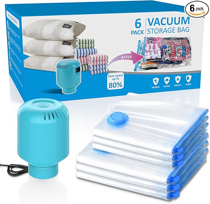 SZO 6 Pack Vacuum Storage Bags With Electric Air Pump,(3 Jumbo/3 Large) Vacuum Seal Bags For Clothing Travel, Space Saver Bags For Luggage, Blankets,Bedding,Moving