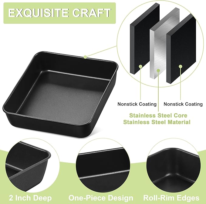 E-far 9x9 Baking Pan, Nonstick Square Cake Pan with Stainless Steel Core, Black Metal Bakeware for Brownies Lasagna Cakes, Non-toxic & Easy Clean, 2 Inch Deep