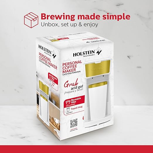 Holstein Housewares Personal Coffee Maker with 14oz Travel Mug – Compact One-Touch Brew Machine with Reusable Filter, Auto Shut-Off, Non-Stick Plate, Ideal for Home, Office, or Dorm. White & Gold