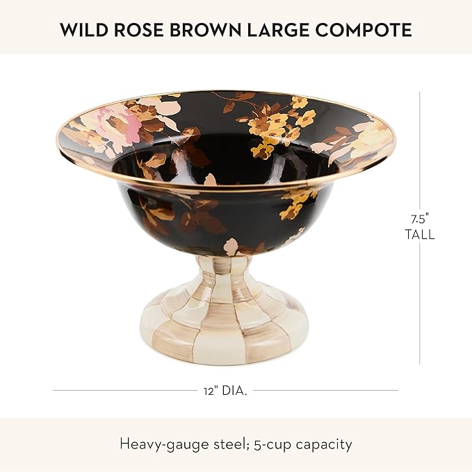MACKENZIE-CHILDS Enamel Compote, Pedestal Serving Dish or Decorative Bowl, Large, Wild Rose Brown