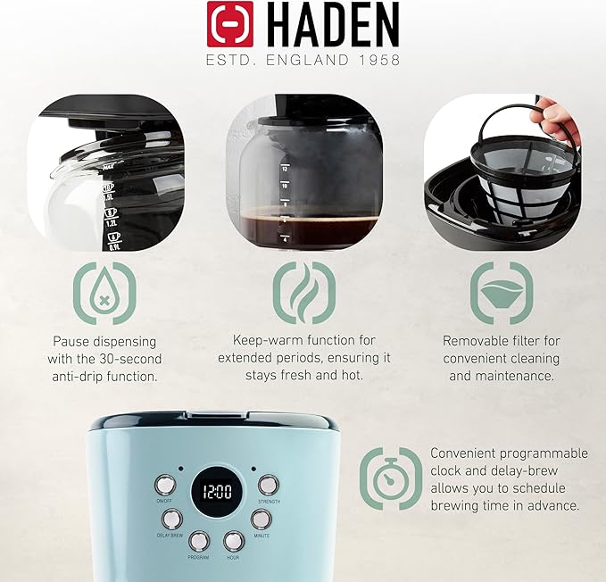 HADEN Coffee Machine, 12 Cup Drip Coffee Maker Bundled with Heritage 1.7 Liter Stainless Steel Electric Kettle, Turquoise & Chrome