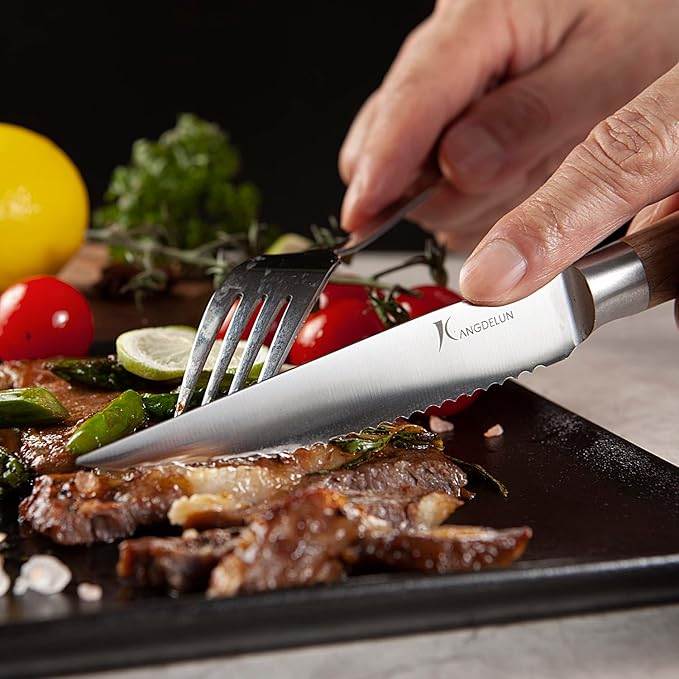 Natura Series 4.5” Serrated Steak Knife Set of 6, High Carbon Stainless Steel, Wooden Handle